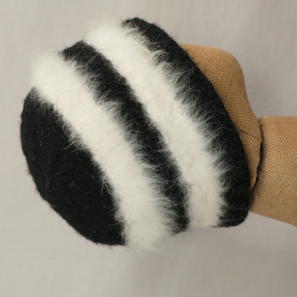 Handmade Knit Hat White Angora with Black Super Cute Fuzzy Striped Handknit OOAK - Picture 2 of 6